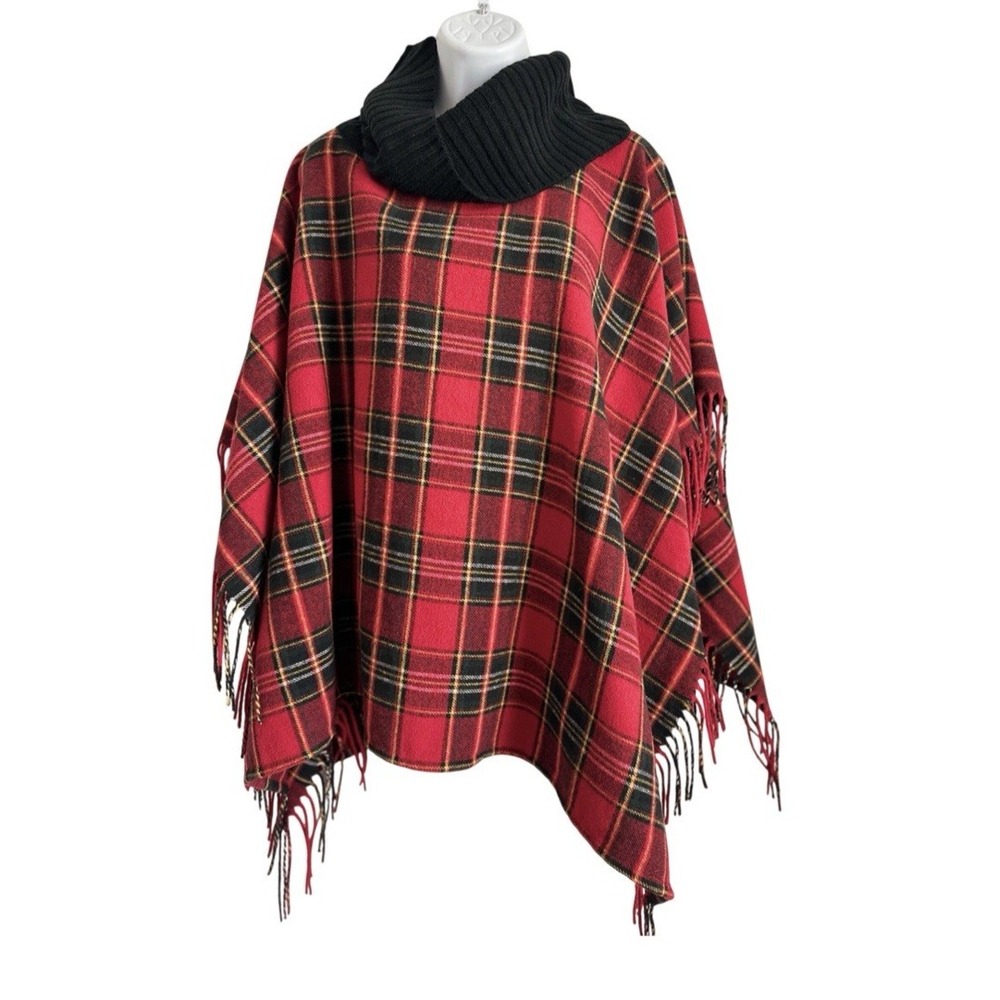 Talbots XS/S Red Plaid Flannel Wool Blend Fringe Turtleneck Poncho